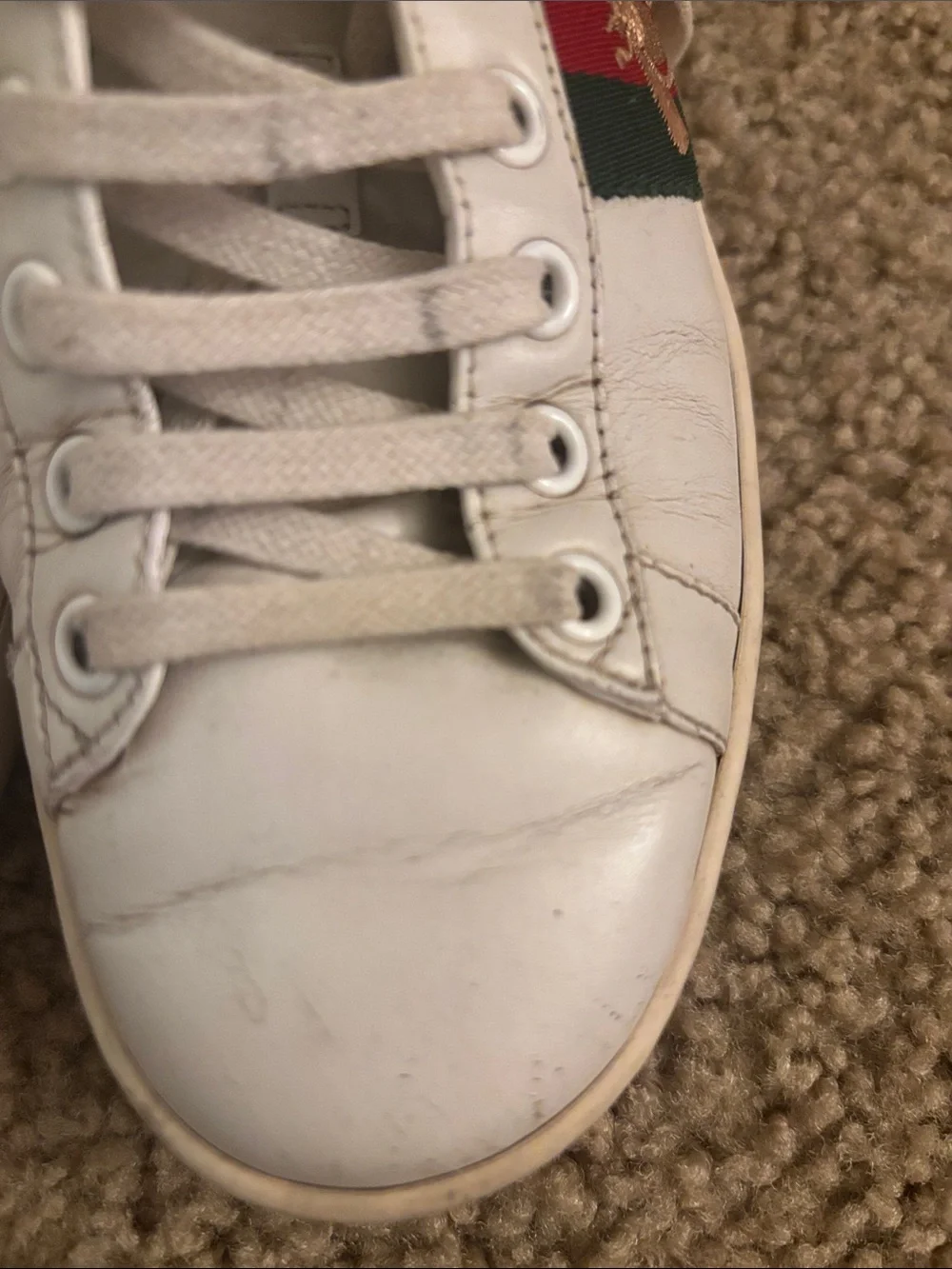Gucci Ace Sneakers with Red & Green Stripe and Embroidered Bee Accent IT 36